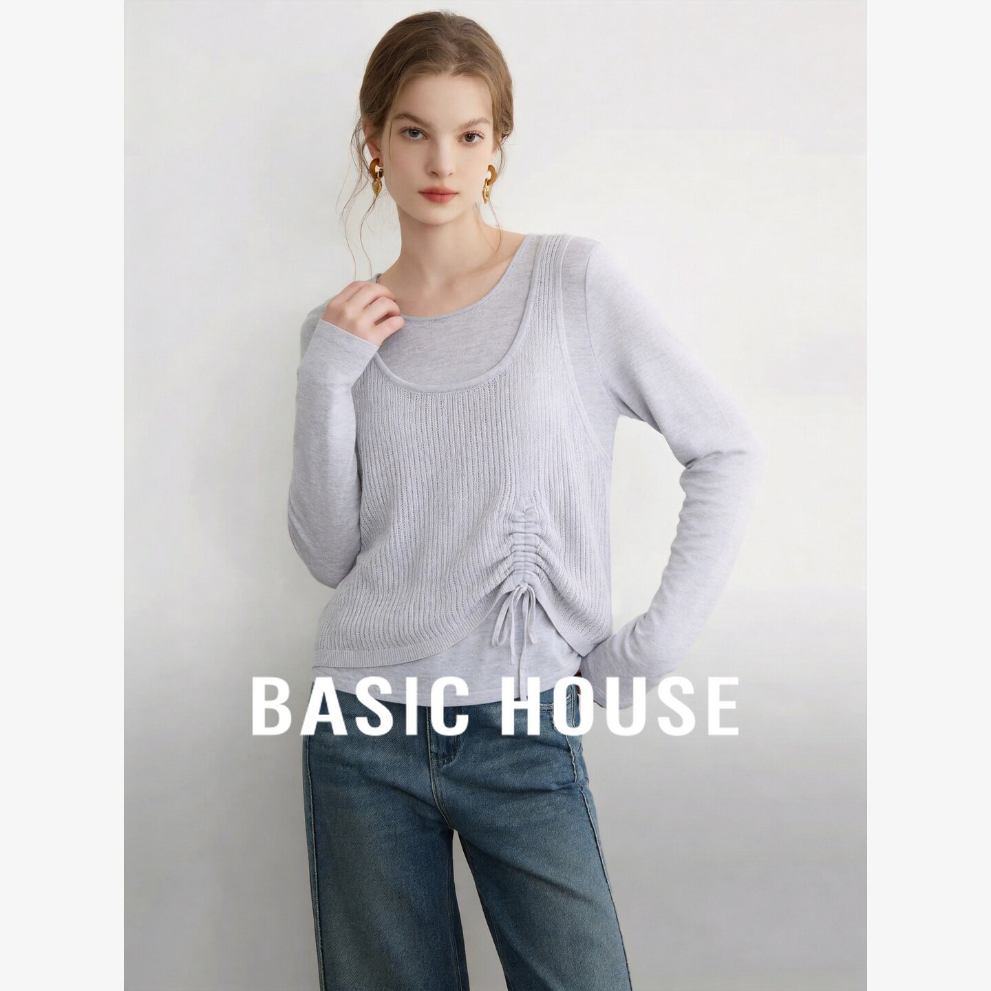 Basic House/百家好韩系镂空针织衫女抽绳假两件宽松显瘦气质上衣