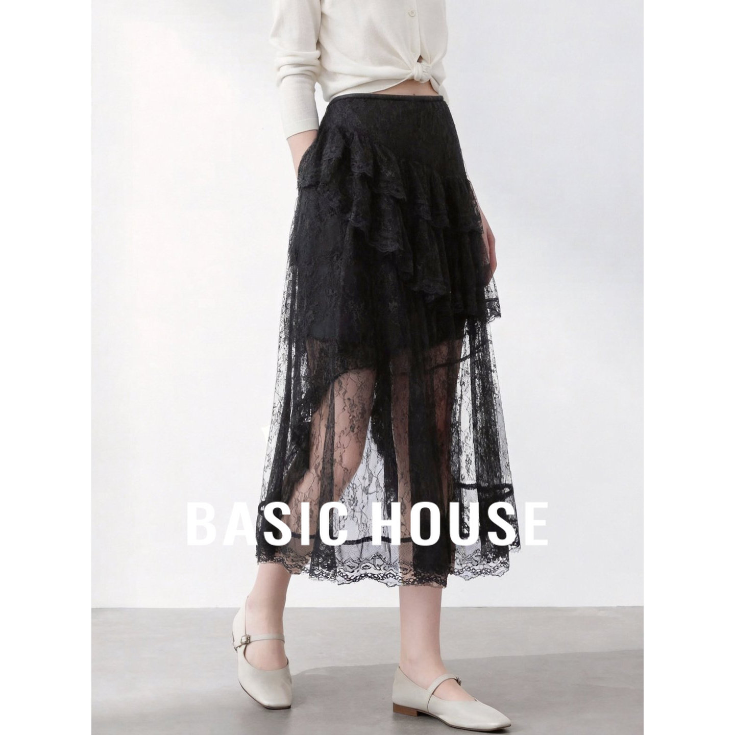 Basic House/百家好黑色蕾丝蛋糕半身裙女夏季多层裙摆飘逸气质裙