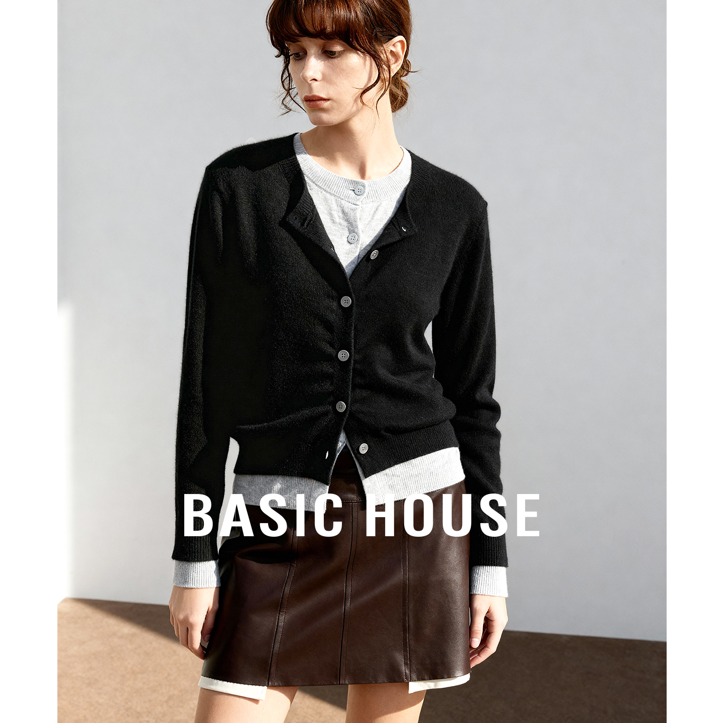 Basic House/百家好假两件设计感针织开衫女士秋冬简约上衣打底衫