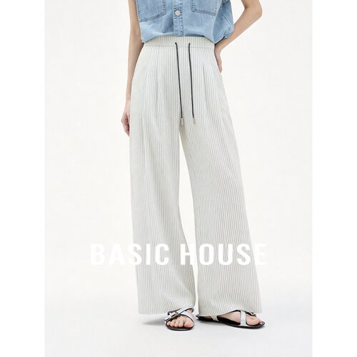 Basic House/百家好松弛感条纹阔腿裤女夏垂感宽松显瘦直筒休闲裤