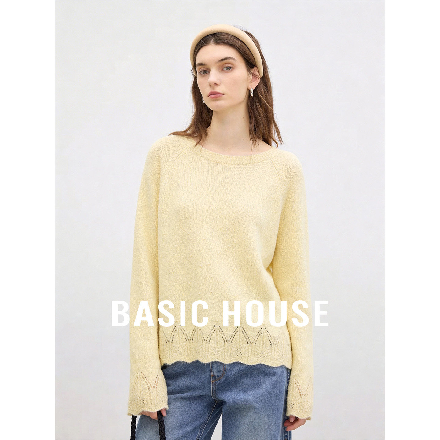 Basic House/百家好纯色宽松针织衫女2026秋季新款钩花袖口上衣