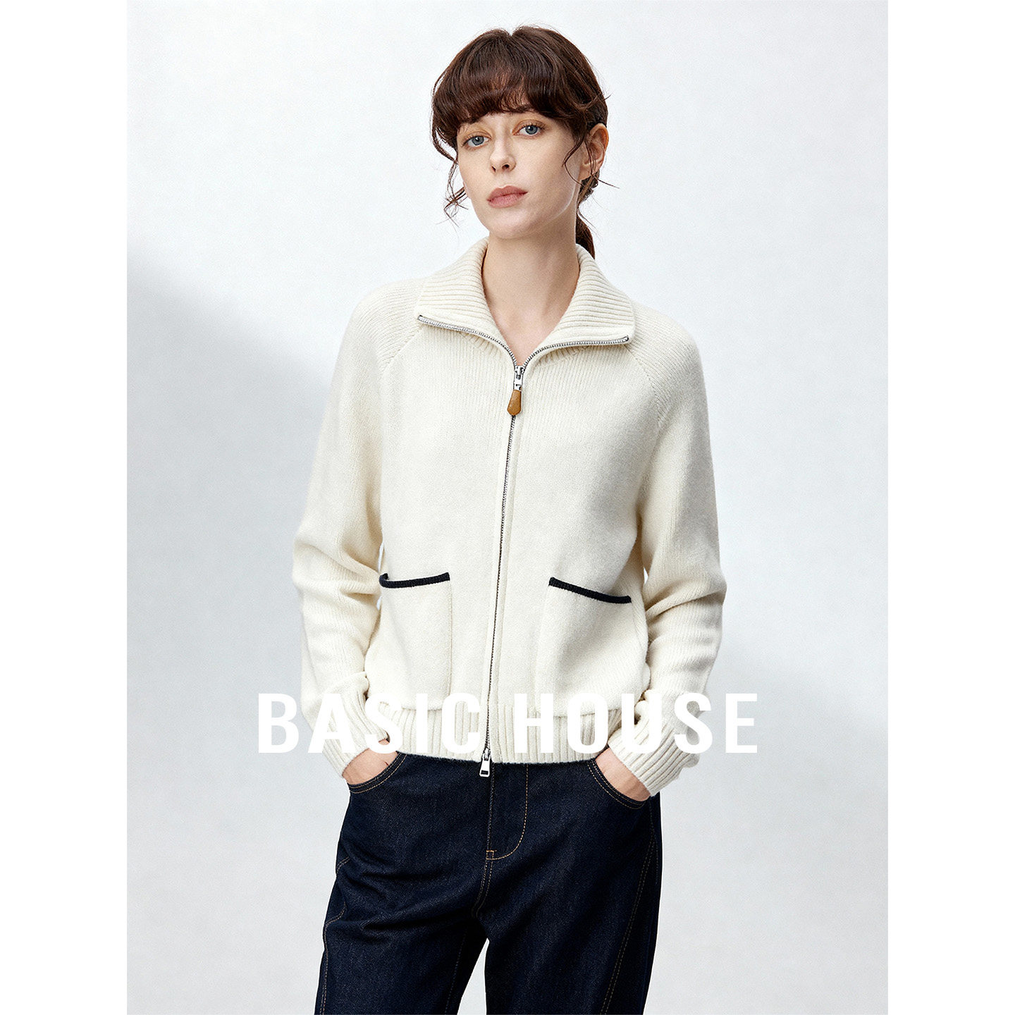 Basic House/百家好2026冬季新款翻领拉链毛衣开衫女保暖百搭上衣,女装/女士精品,毛衣,淘宝优惠券,粉丝福利购,淘宝优惠卷