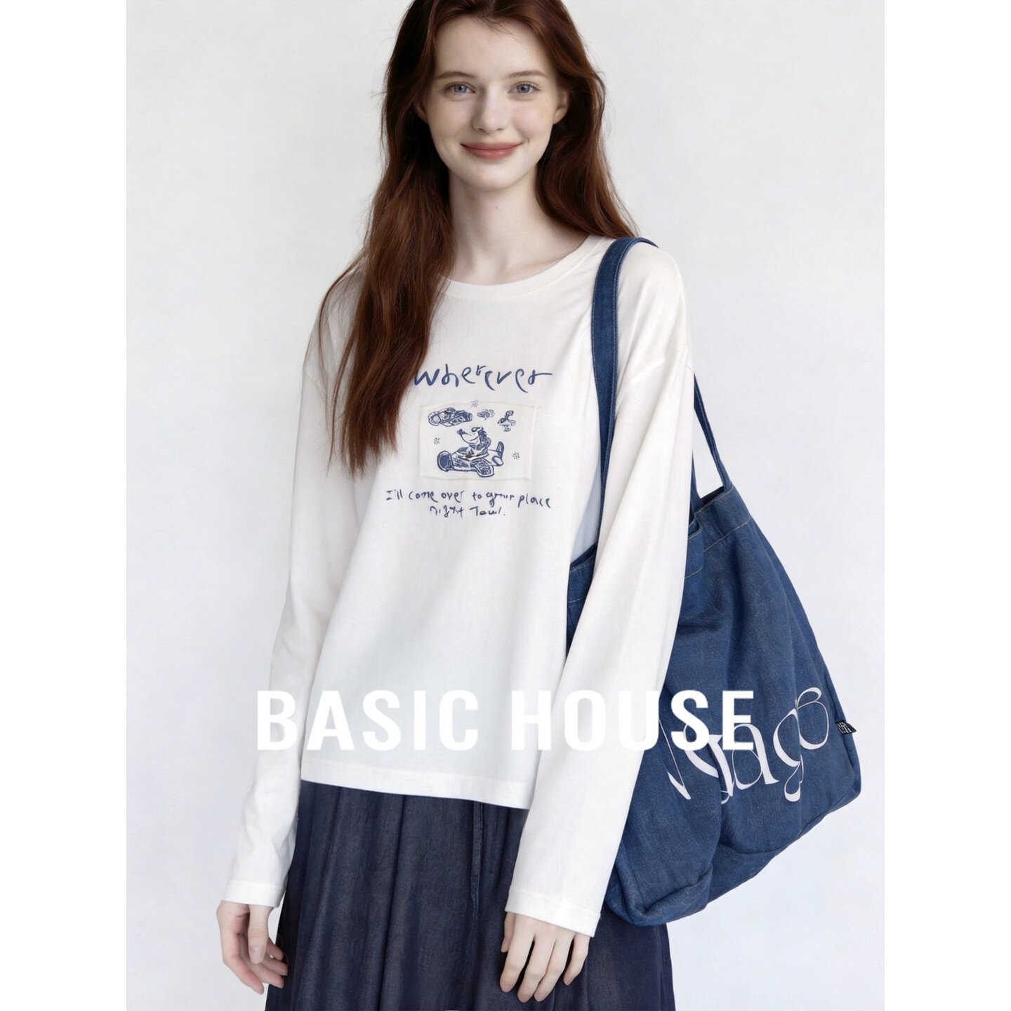 Basic House/百家好韩系白色长袖T恤女字母上衣显瘦百搭防晒罩衫