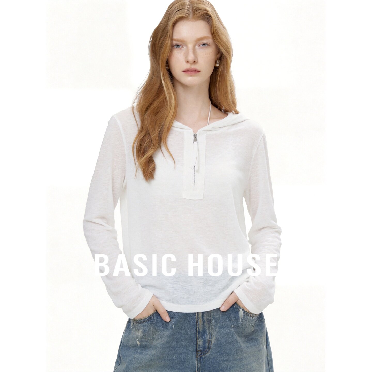 Basic House/百家好白色连帽简约长袖T恤女夏季舒适宽松休闲罩衫