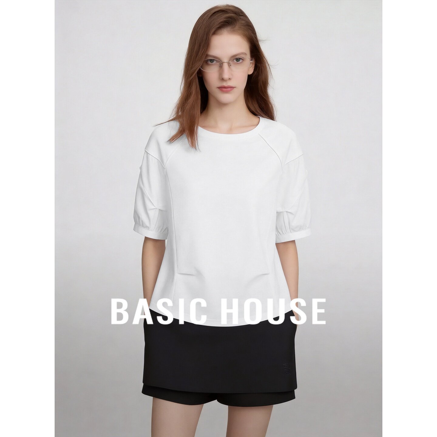 Basic House/百家好简约风白色圆领七分袖T恤女夏季纯色百搭上衣
