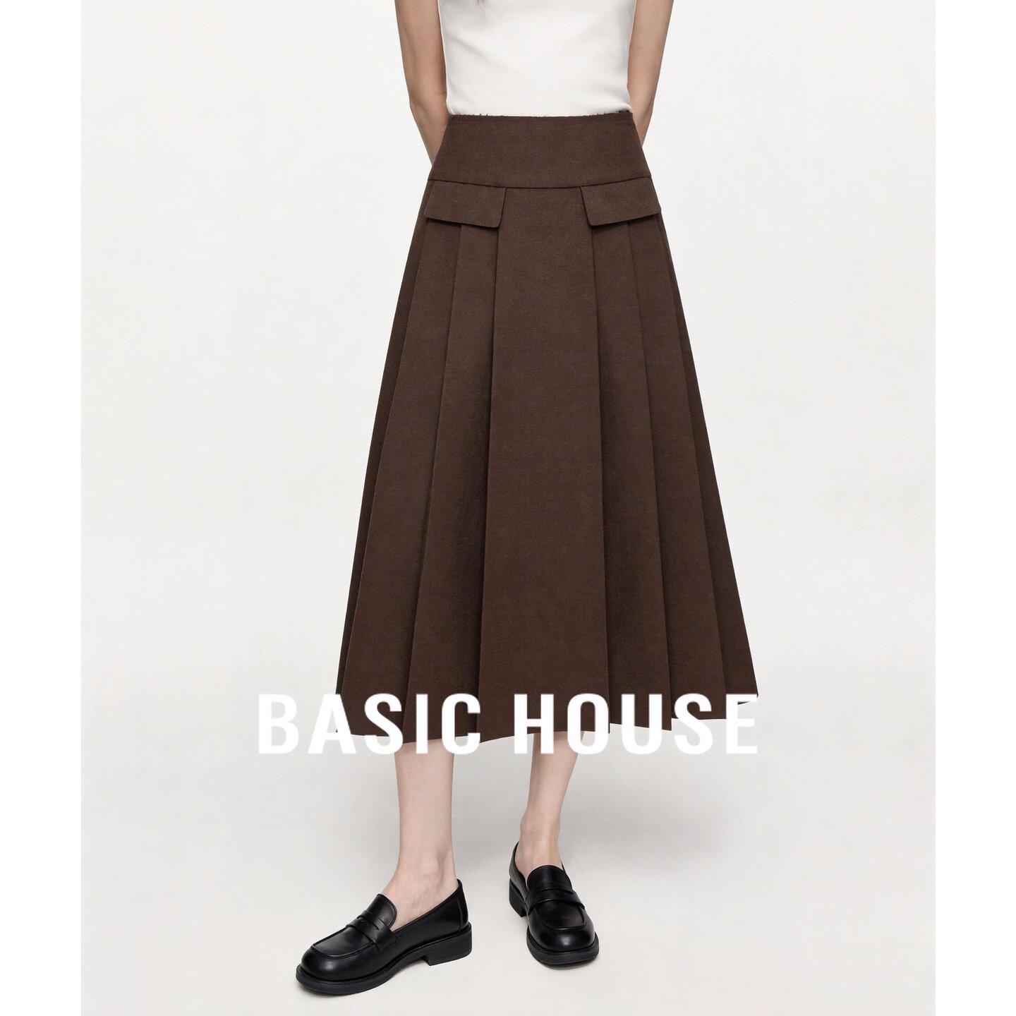 Basic House/百家好百褶半身裙女秋中长款通勤职场穿搭棕色A字裙