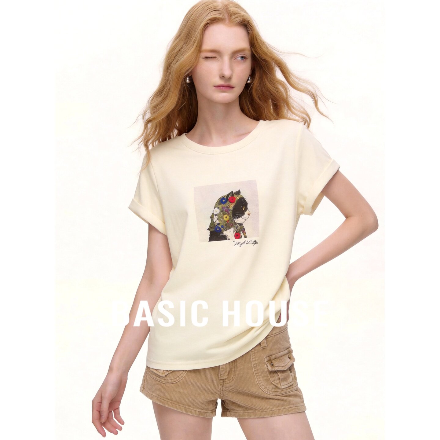 Basic House/百家好韩系可爱猫咪印花短袖T恤女宽松圆领显瘦上衣