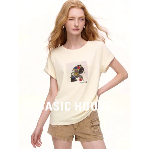 Basic House/百家好韩系可爱猫咪印花短袖T恤女宽松圆领显瘦上衣