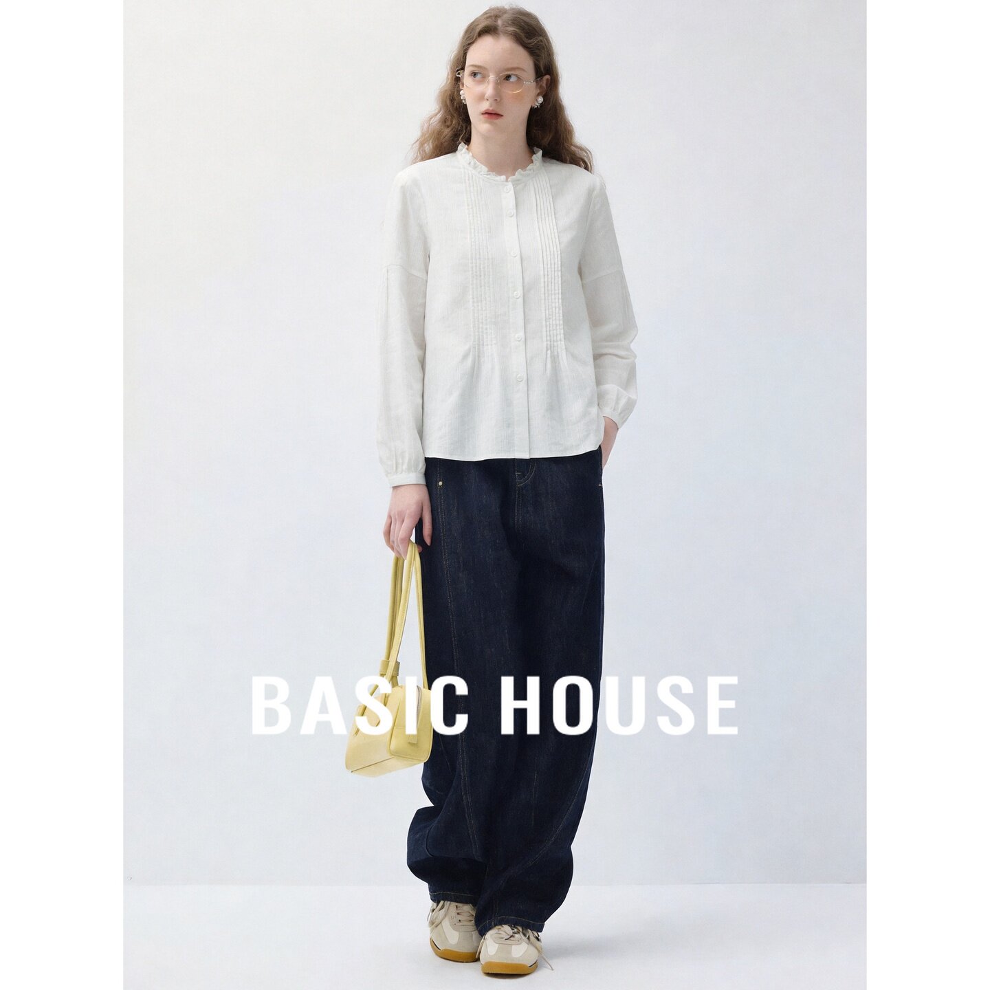 Basic House/百家好纯棉法式木耳边领白色荷叶边百搭显瘦衬衫女囚