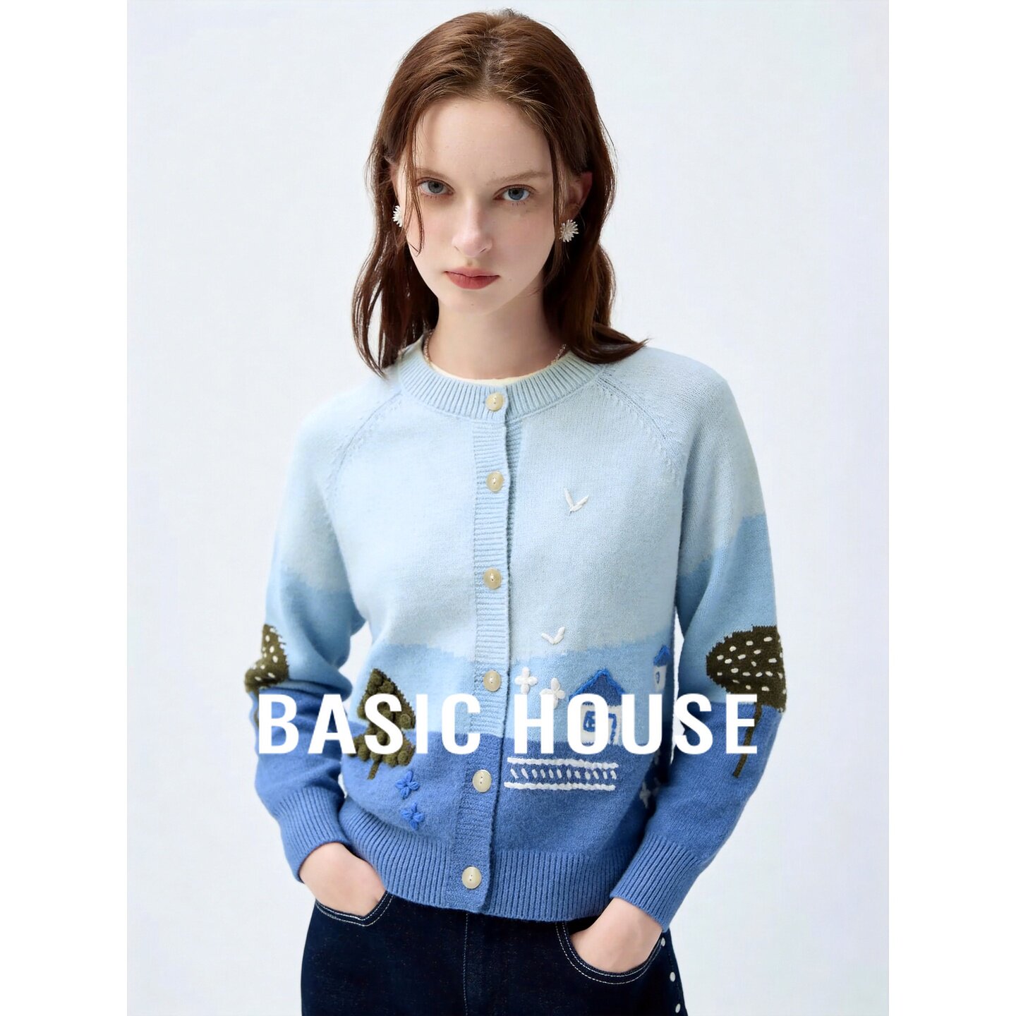 Basic House/百家好蓝色圆领针织开衫女印花宽松毛衣外套百搭上衣