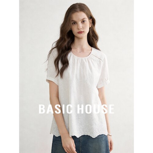 Basic House/百家好法式刺绣衬衫白色泡泡袖宽松显瘦百搭通勤上衣