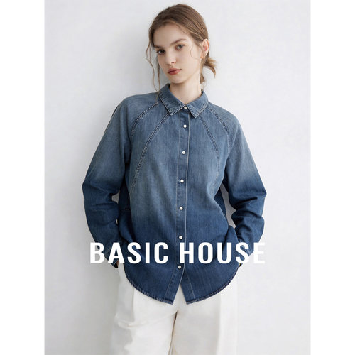 Basic House/百家好polo领渐变设计感牛仔衬衫女夏季含棉舒适衬衣