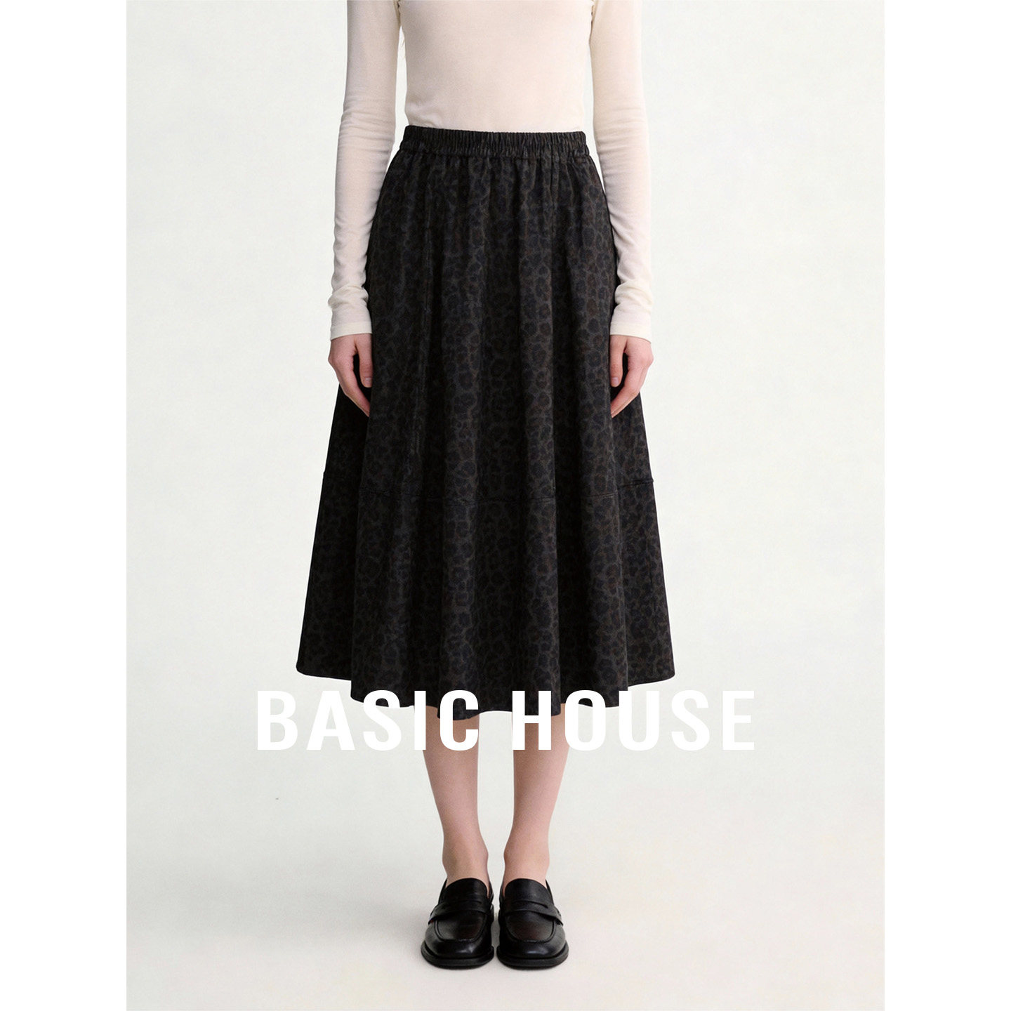 Basic House/百家好高腰复古豹纹半身裙女秋宽松百搭中长款A字裙