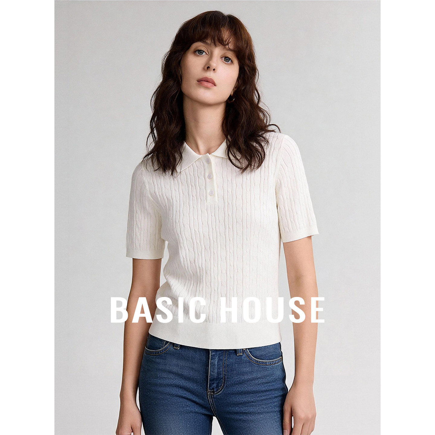 Basic House/百家好白色polo基础简约短袖针织衫女春绞花修身上衣