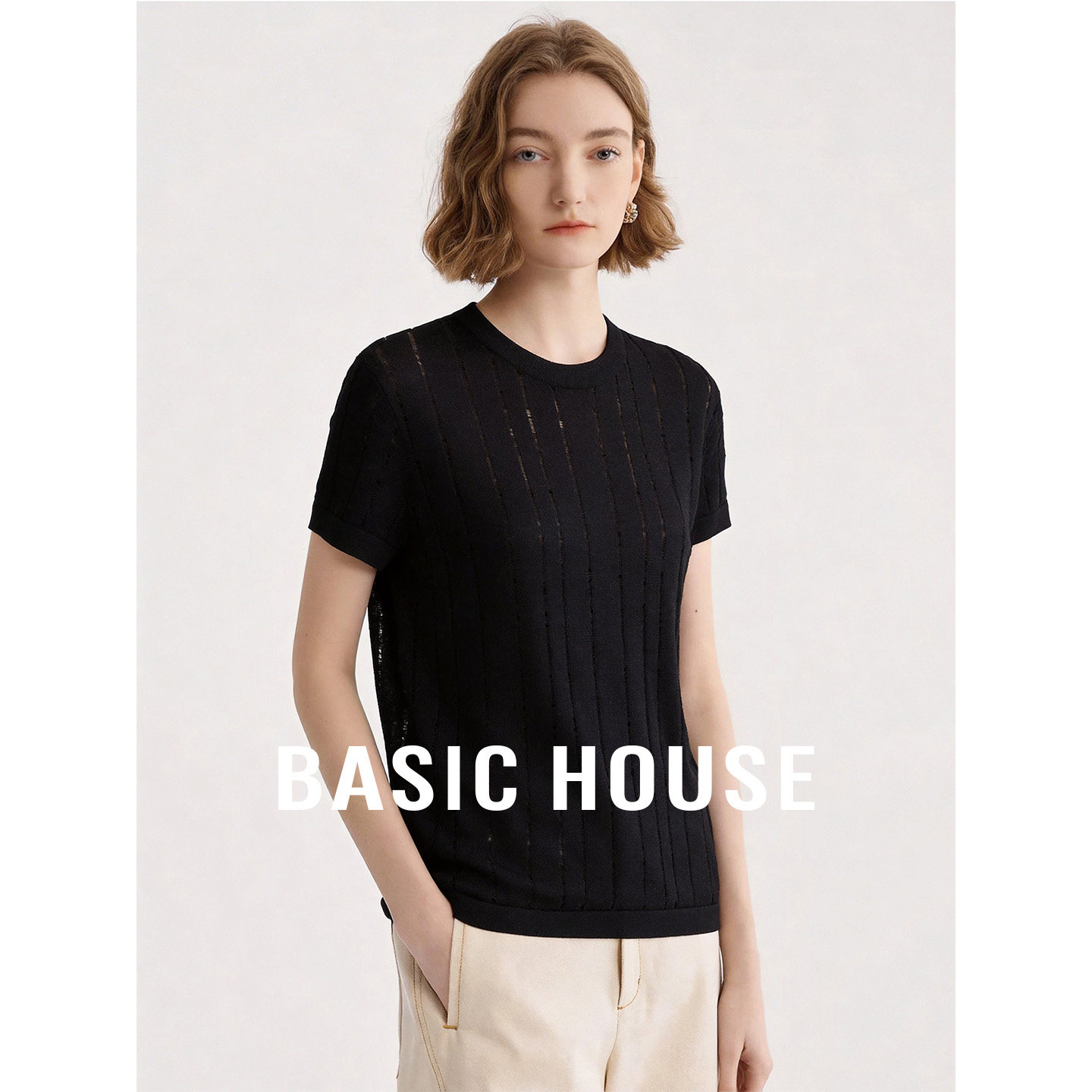 Basic House/百家好莱赛尔破洞设计短袖针织衫女纯色圆领套头上衣