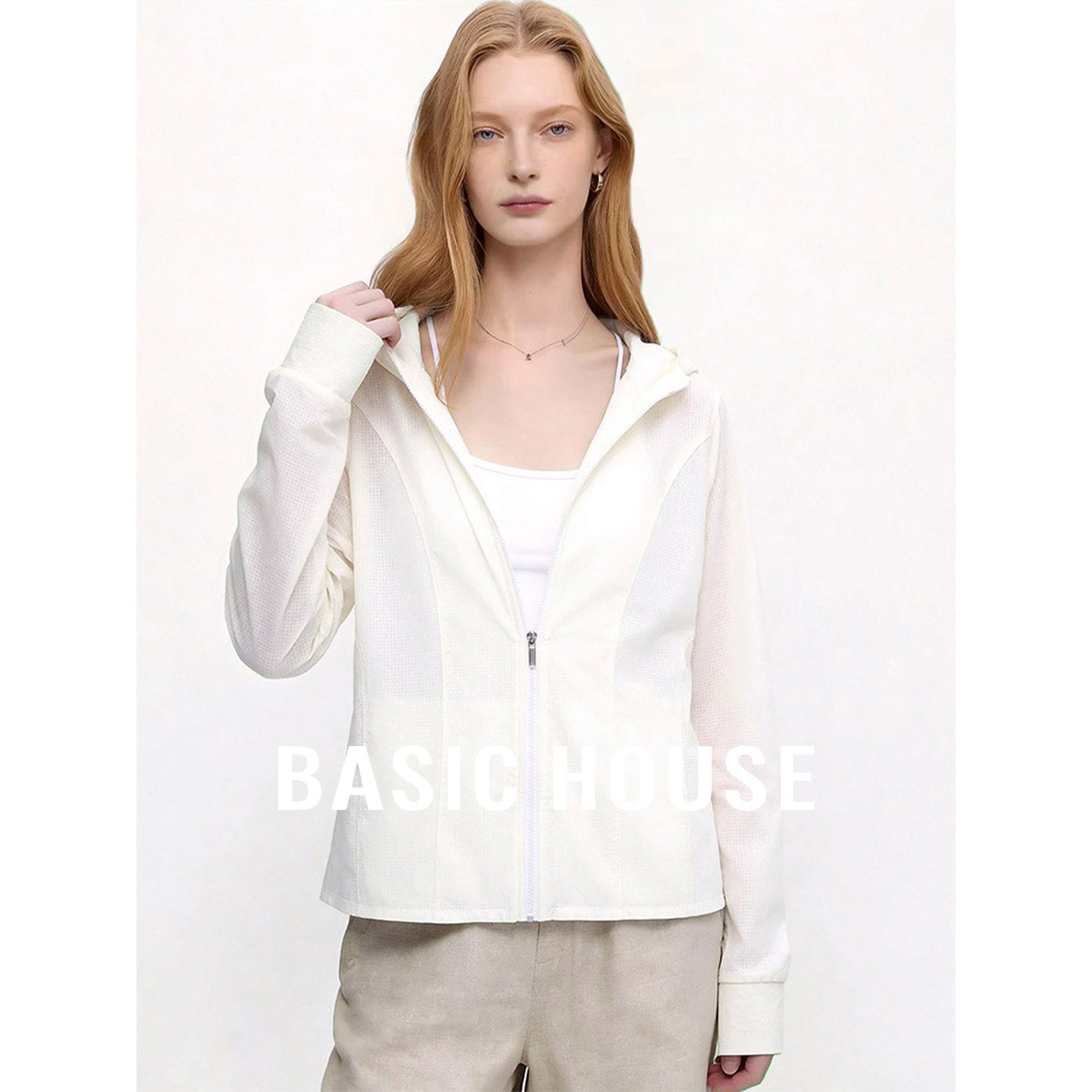 Basic House/百家好夏季新款宽松连帽防晒外套女2026百搭拉链上衣