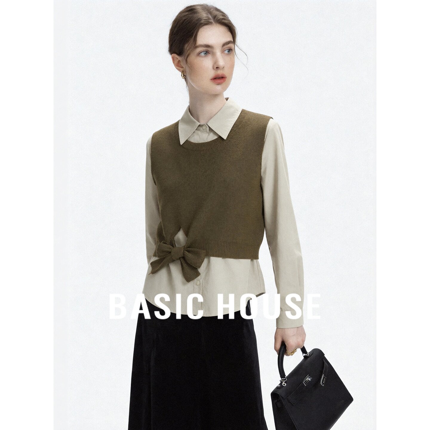 Basic House/百家好学院风针织马甲衬衫两件套女秋季绑带显瘦套装