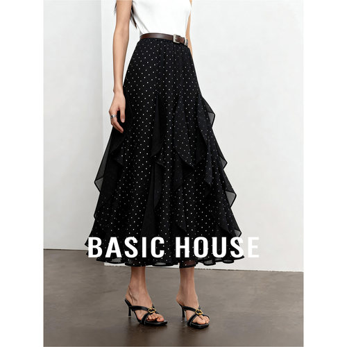 Basic House/百家好复古高腰波点设计感半身裙女26夏季新款中长裙