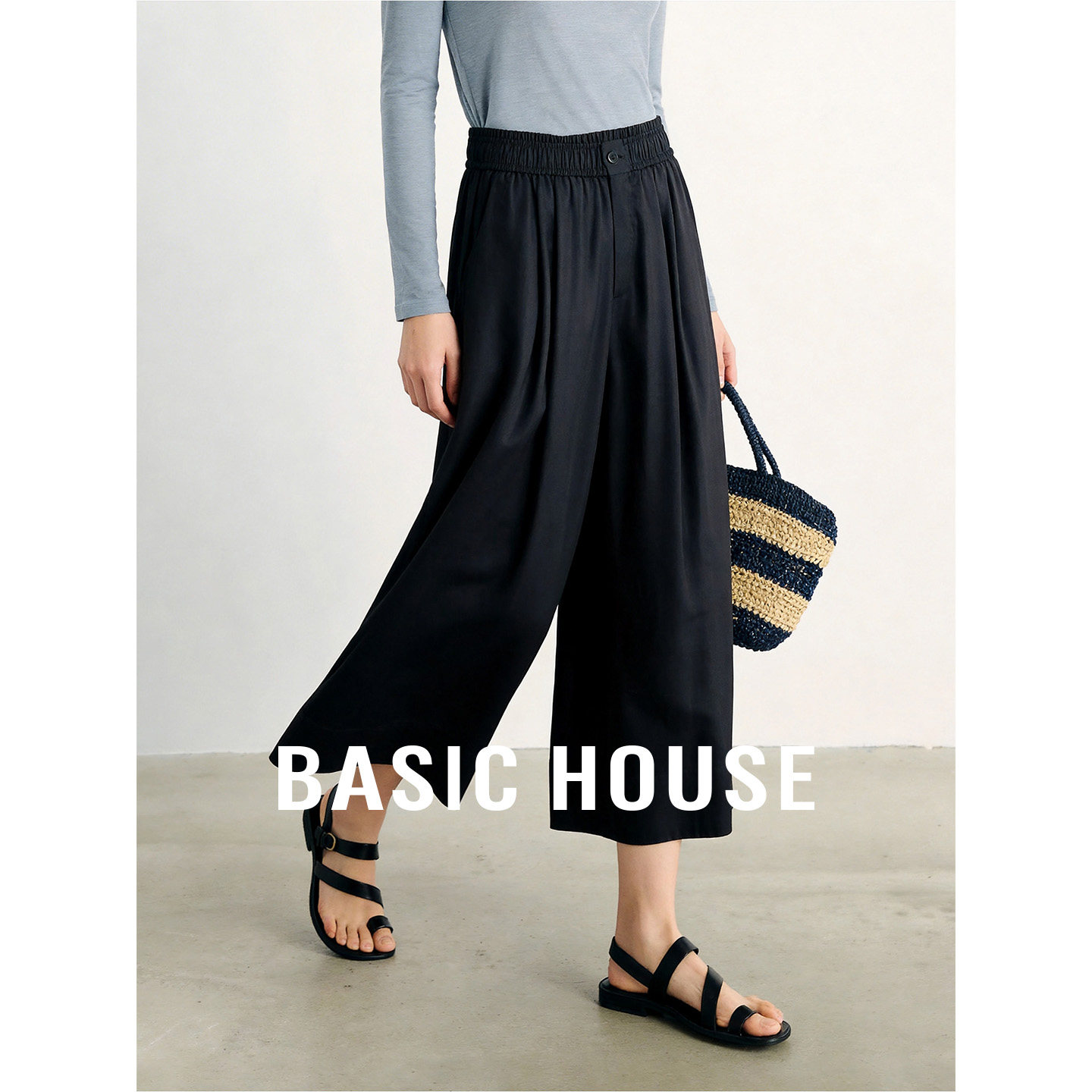 Basic House/百家好黑色松紧腰直筒裤女秋垂坠感宽松通勤百搭裙裤
