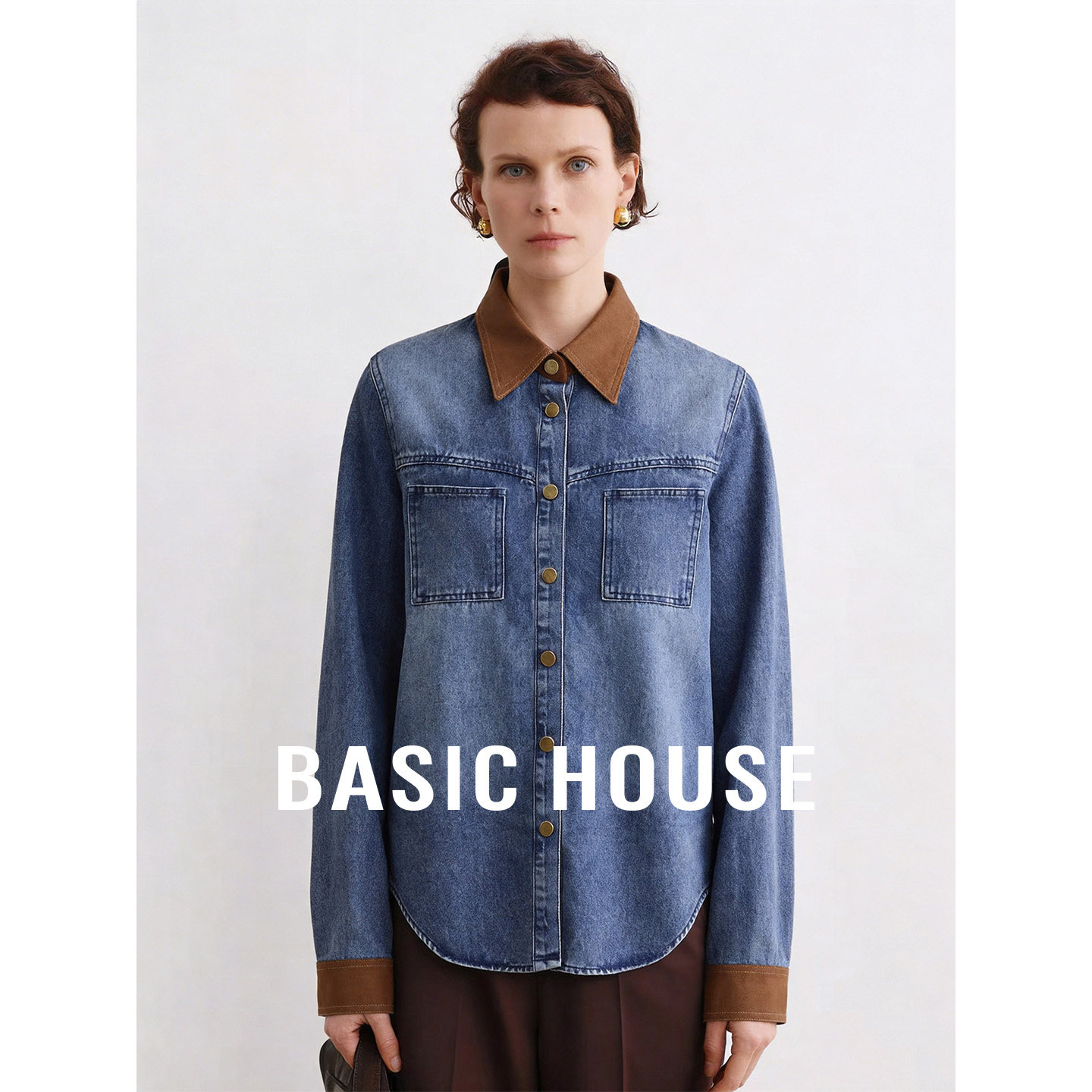 Basic House/百家好复古撞色翻领牛仔衬衫女春季宽松短款夹克外套