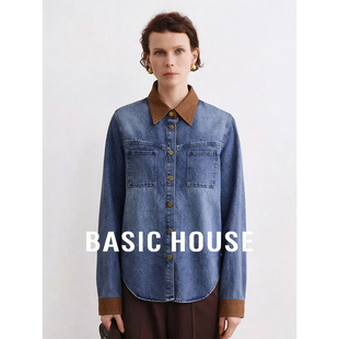 Basic House/百家好复古撞色翻领牛仔衬衫女春季宽松短款夹克外套