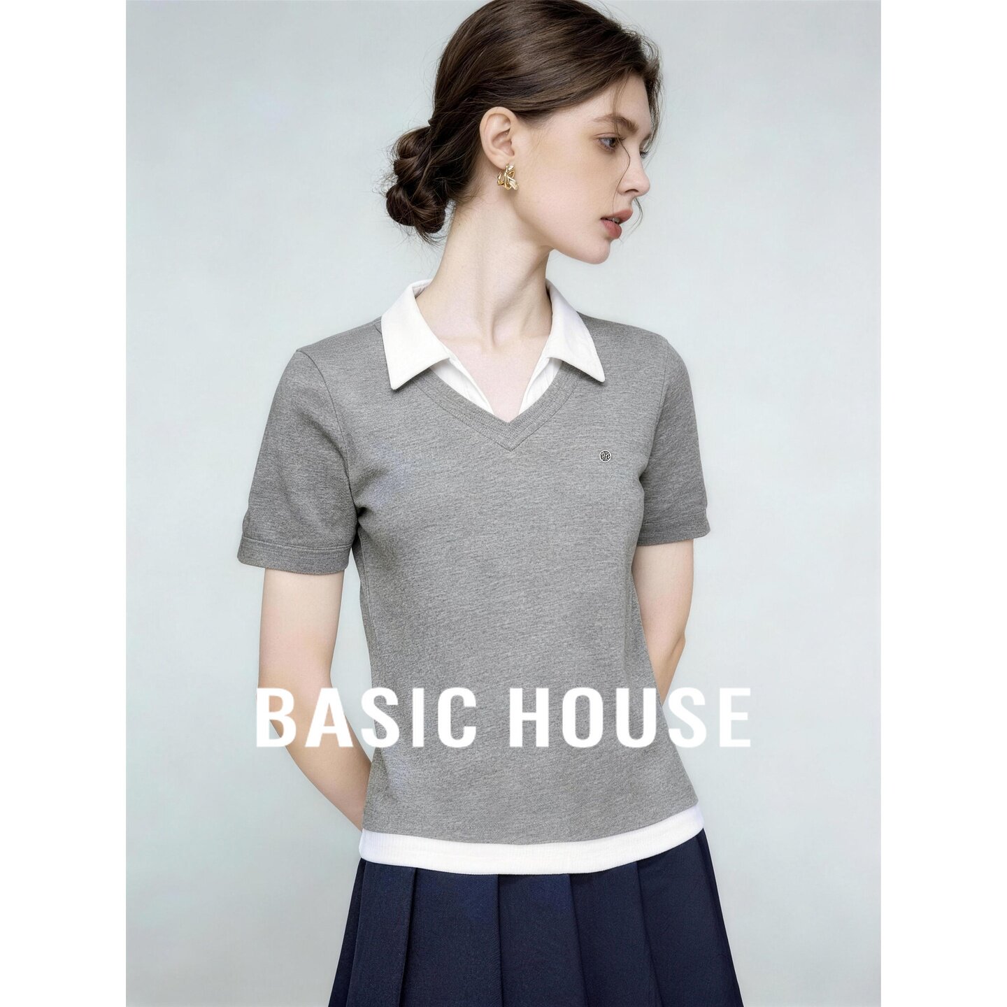 Basic House/百家好学院风翻领撞色短袖女夏季假两件收腰显瘦T恤