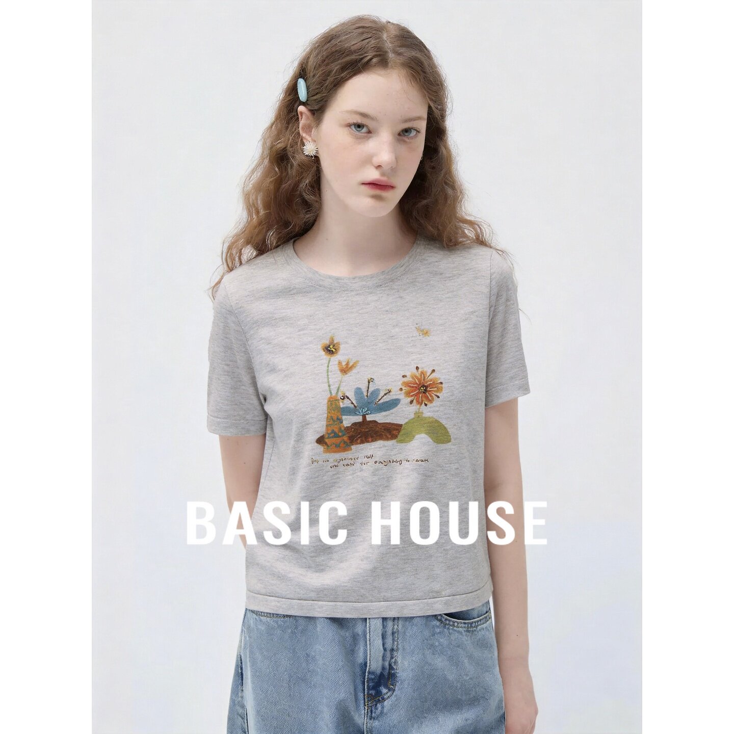 Basic House/百家好灰色日常通勤短袖针织衫女夏轻薄透气宽松上衣