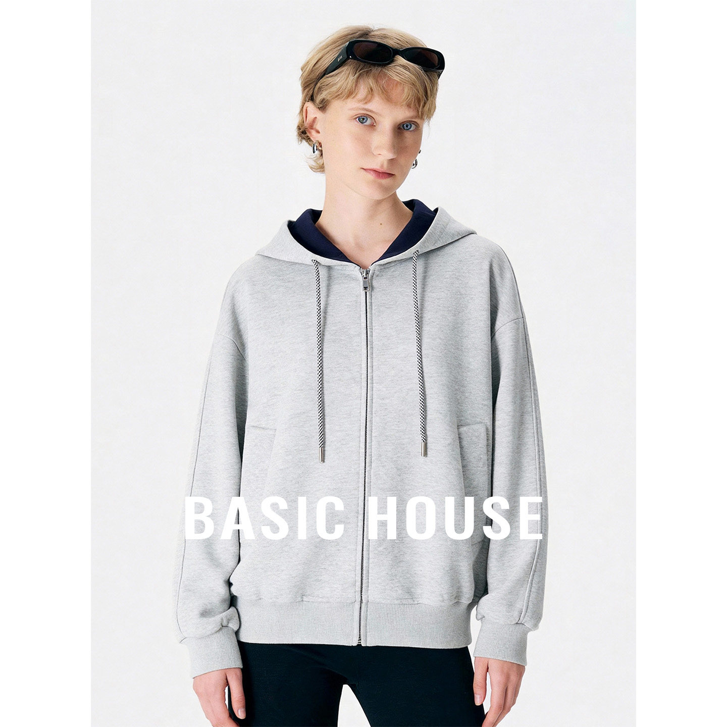 Basic House/百家好撞色连帽韩式卫衣女春季慵懒风百搭休闲外套