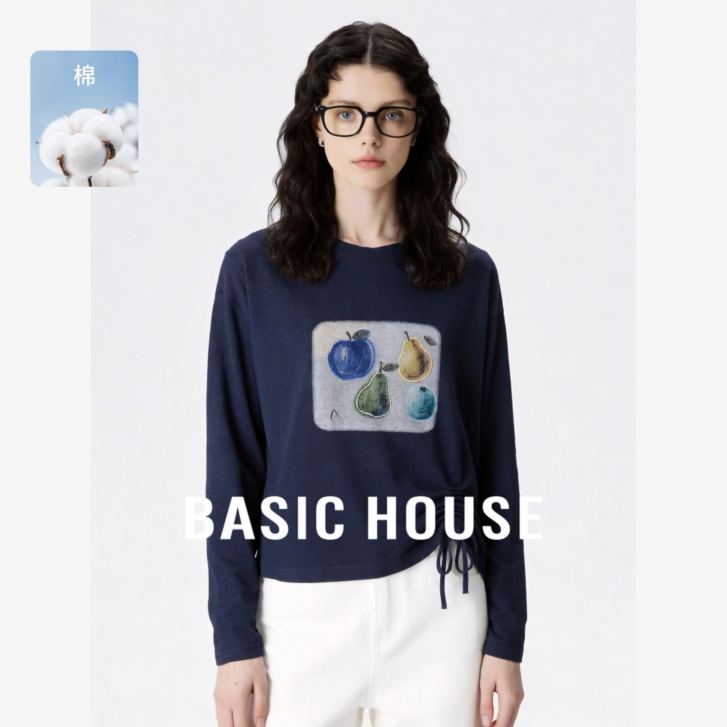 Basic House/百家好复古印花压褶抽绳收腰长袖T恤女宽松显瘦上衣