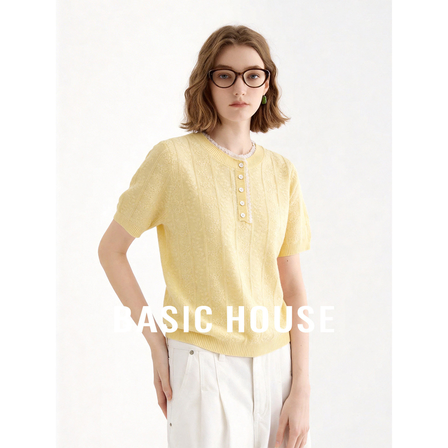 Basic House/百家好2026夏季新款黄色圆领莱赛尔透气短袖针织衫女