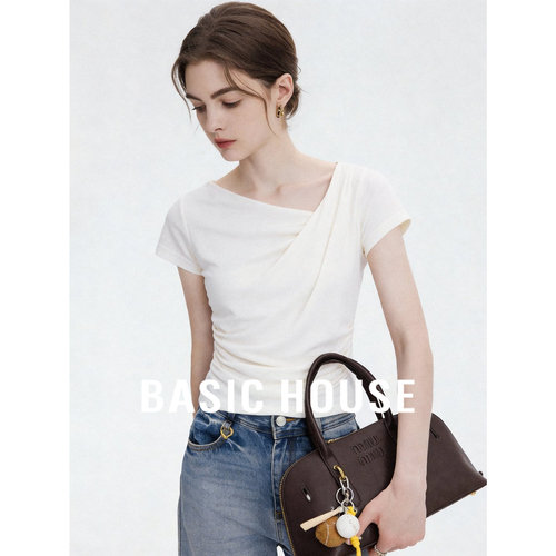 Basic House/百家好26年新款斜领短袖T恤女白色轻熟优雅显瘦上衣