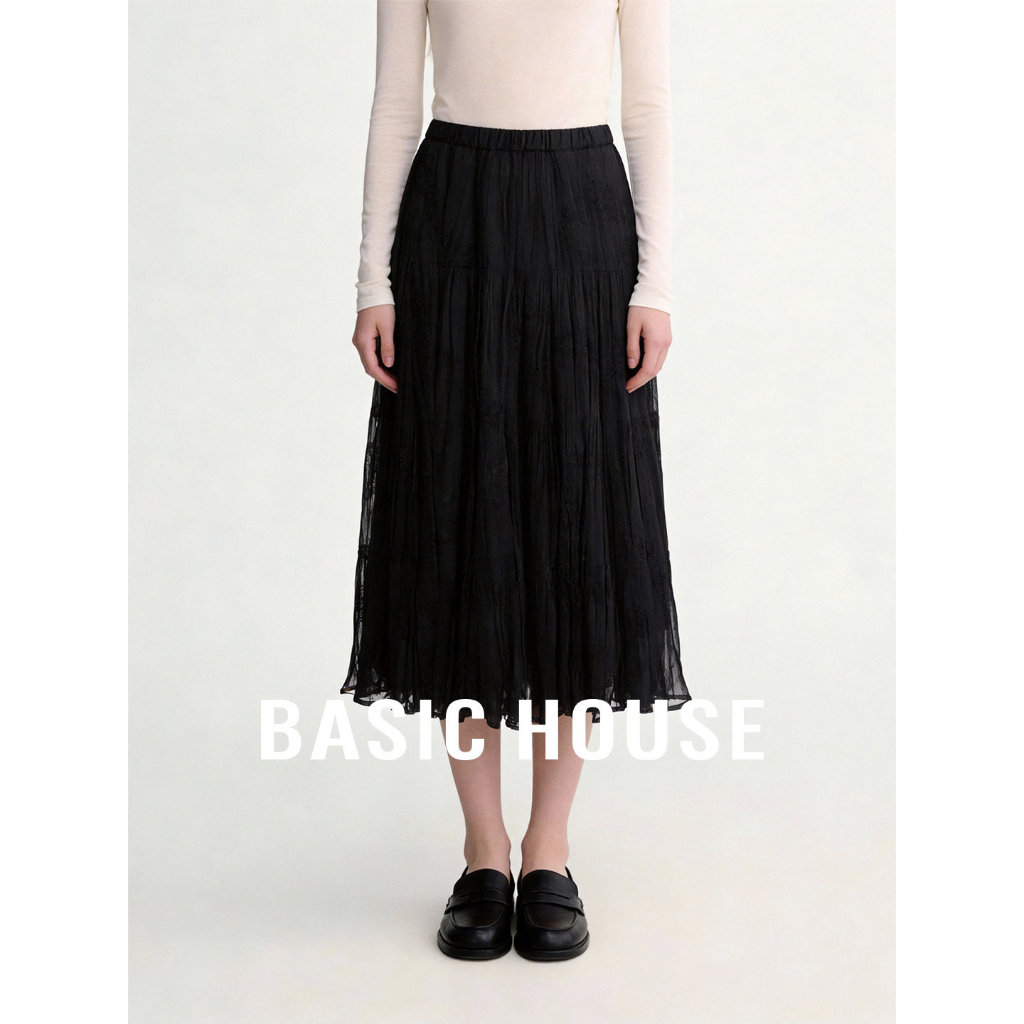 Basic House/百家好黑色网纱半身裙女秋季新款休闲百搭中长A字裙