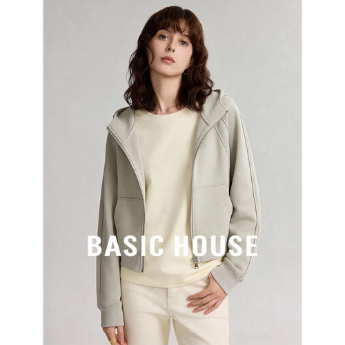 Basic House/百家好新款长袖女士短外套拉链短款百搭秋季休闲上衣