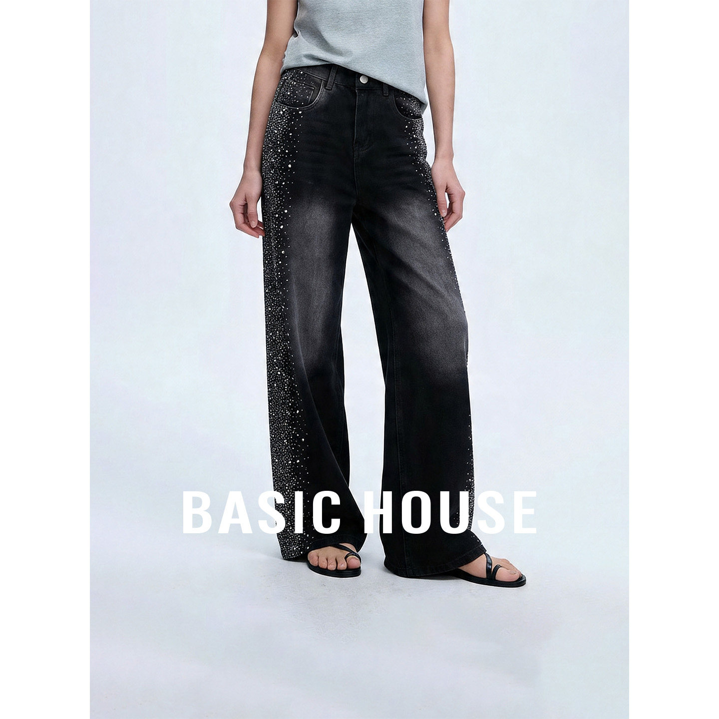 Basic House/百家好2026夏季新款黑色高腰亮钻设计感直筒牛仔裤女