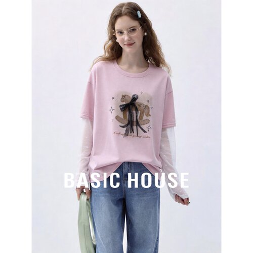 Basic House/百家好假两件卡通印花粉色长袖T恤女秋宽松减龄上衣