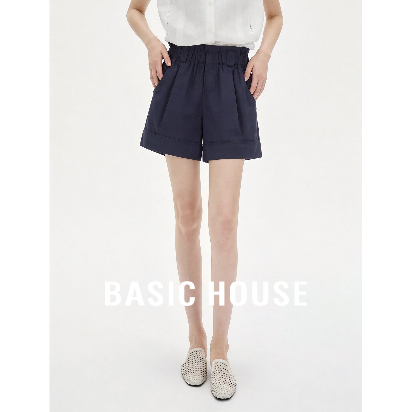 Basic House/百家好高腰宽松短裤女夏季休闲裤松紧腰带藏青色裤子