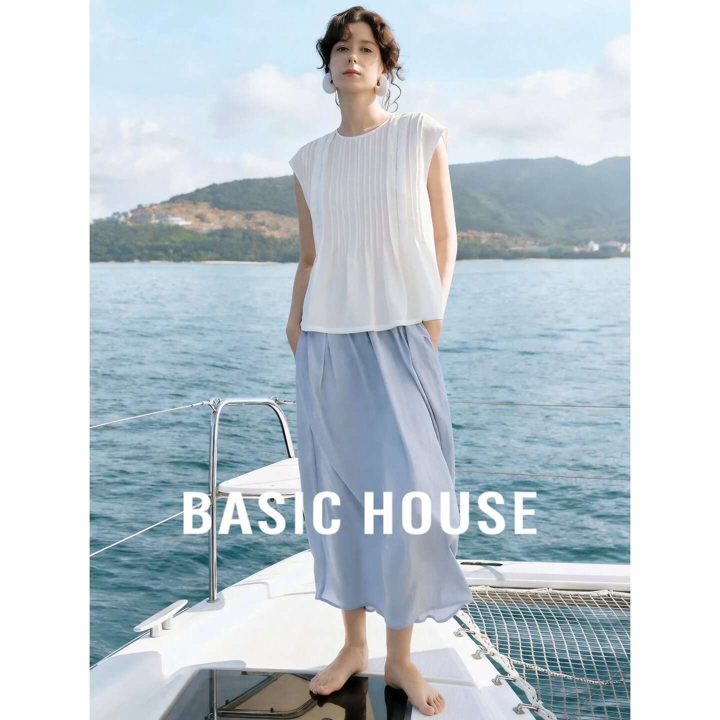 Basic House/百家好简约白色无袖衬衫女夏季纯苎麻设计感宽松上衣