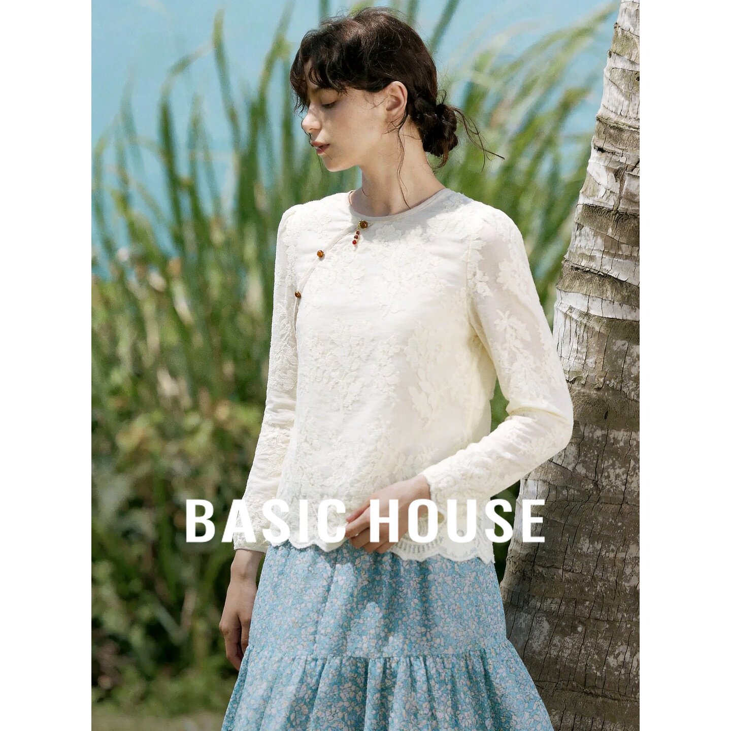 Basic House/百家好新中式斜襟衬衫2026秋季国风圆领钩花长袖小衫