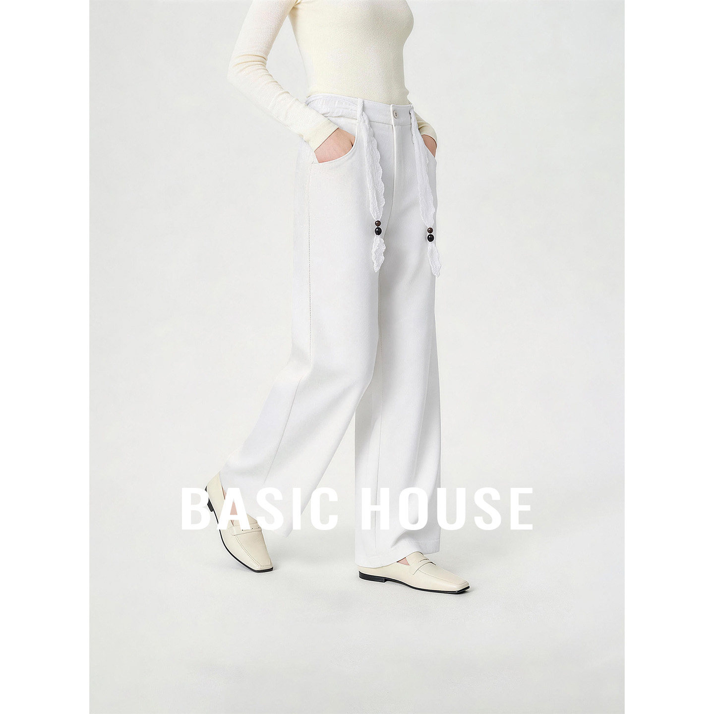 Basic House/百家好白色蕾丝小众设计直筒裤女秋季宽松百搭休闲裤