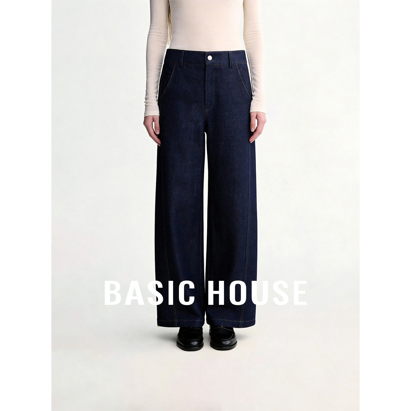 Basic House/百家好藏青色高腰直筒阔腿裤女秋新款宽松百搭牛仔裤