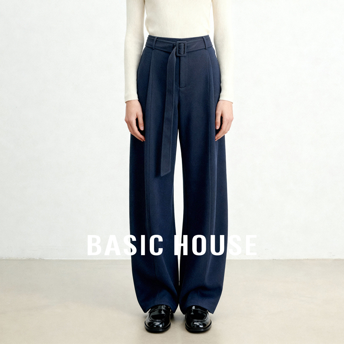 Basic House/百家好高腰垂感阔腿西裤女宽松裤腿遮肉显瘦休闲长裤