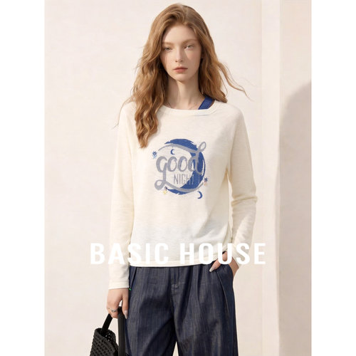 Basic House/百家好设计感斜肩印花针织衫女轻薄百搭透气秋季上衣