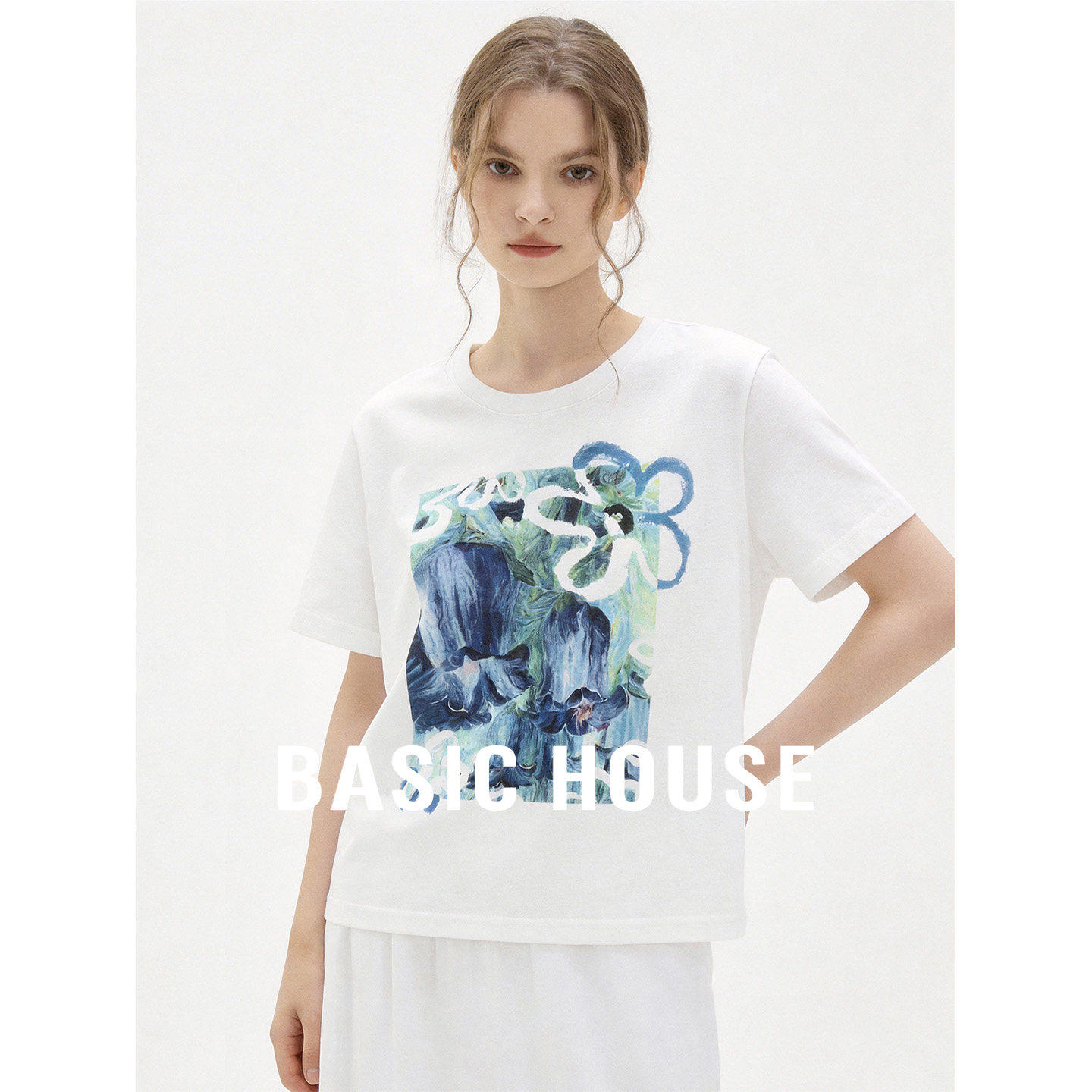 Basic House百家好白色圆领印花设计感短袖T恤女夏2026新款高级感