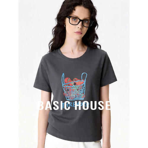 Basic House/百家好复古印花短袖T恤女夏季新款撞色宽松休闲上衣