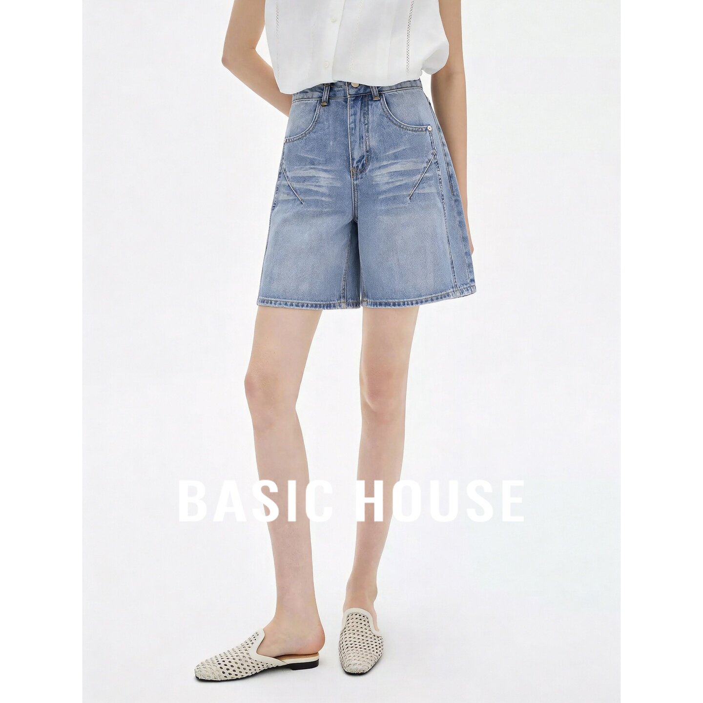 Basic House/百家好高腰宽松牛仔短裤女夏蓝色显瘦百搭直筒五分裤
