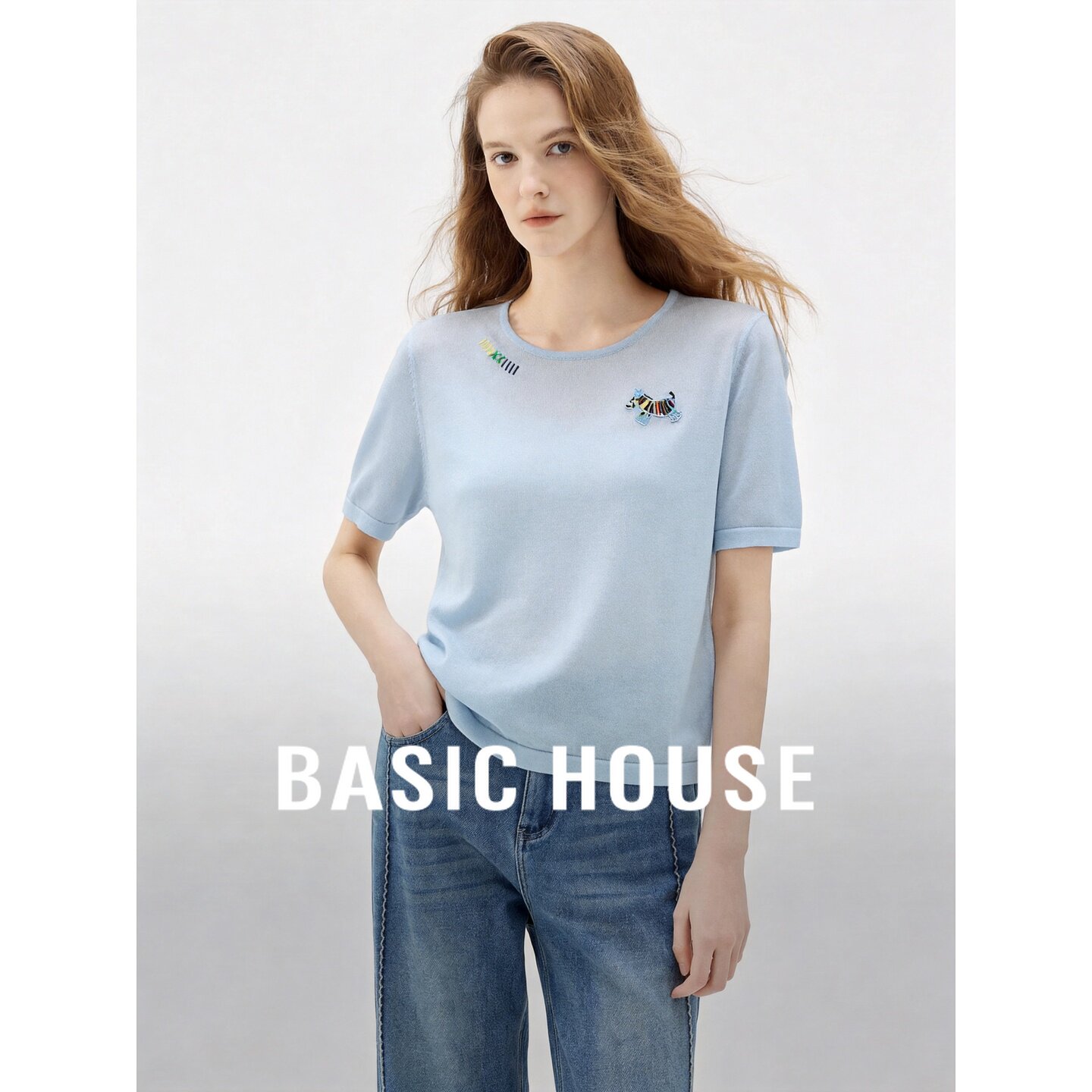 Basic House/百家好蓝色圆领亲肤透气短袖针织衫女2026夏套头T恤