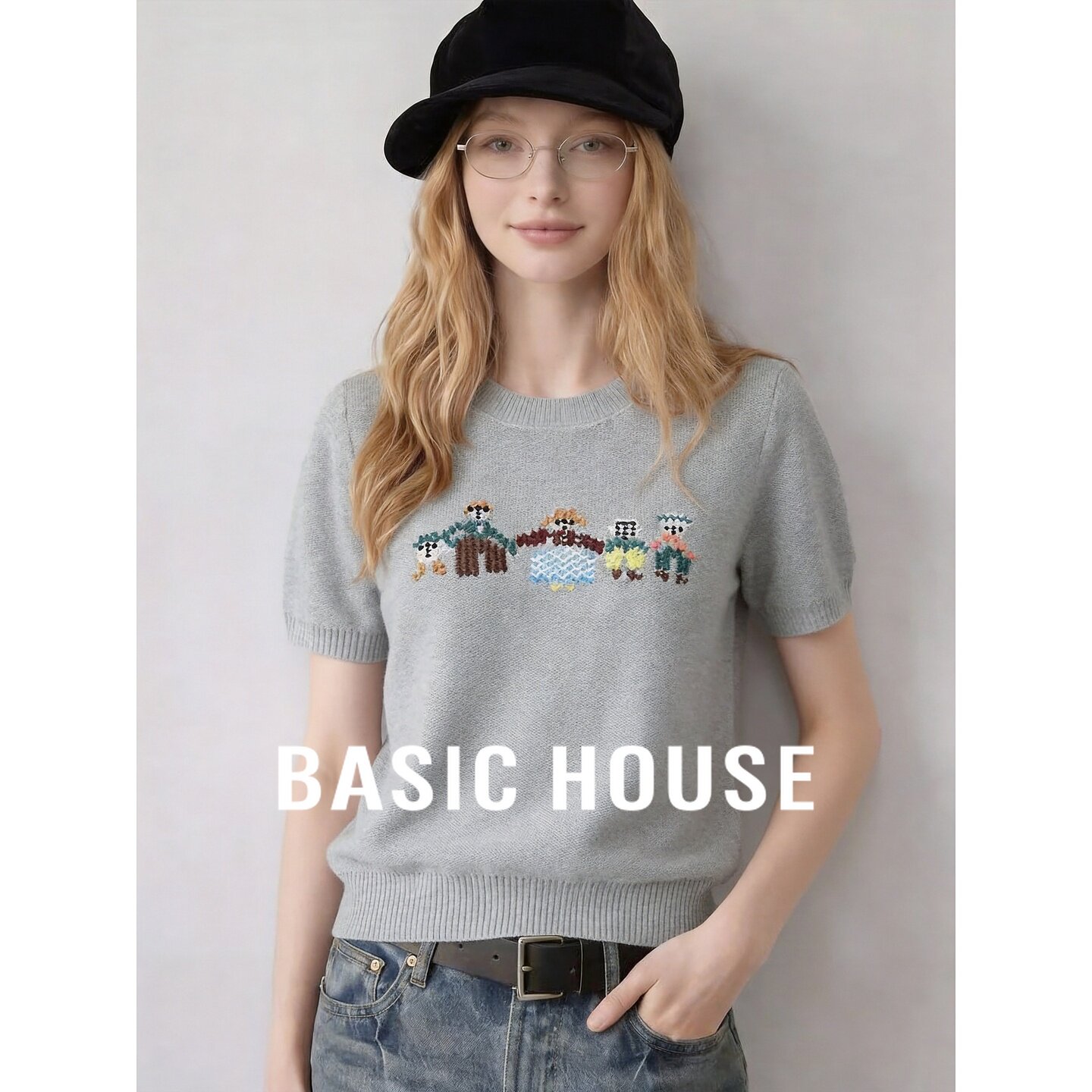 Basic House/百家好韩系百搭可爱针织衫女夏圆领宽松减龄针织短袖