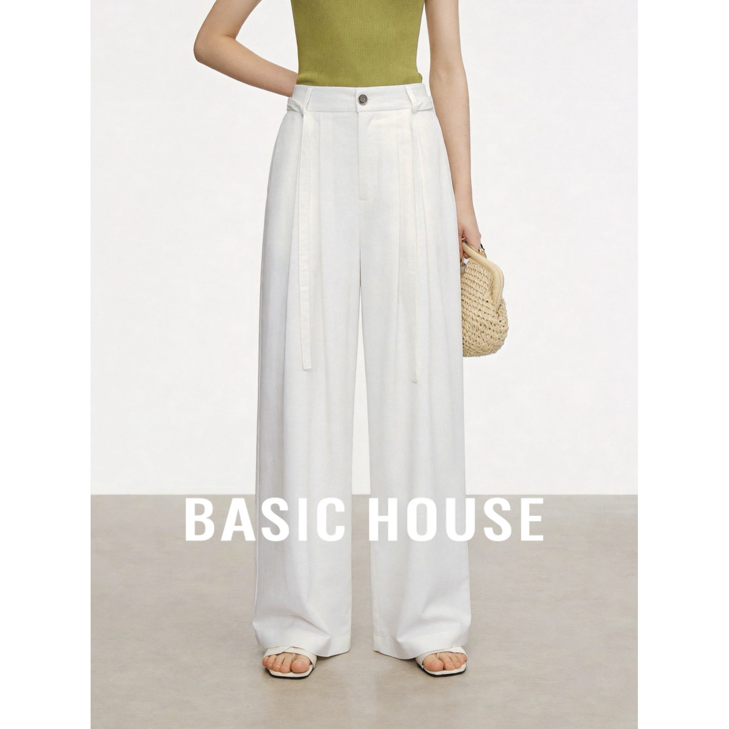 Basic House/百家好极简轻熟风白色高腰休闲裤女夏季日常通勤西裤