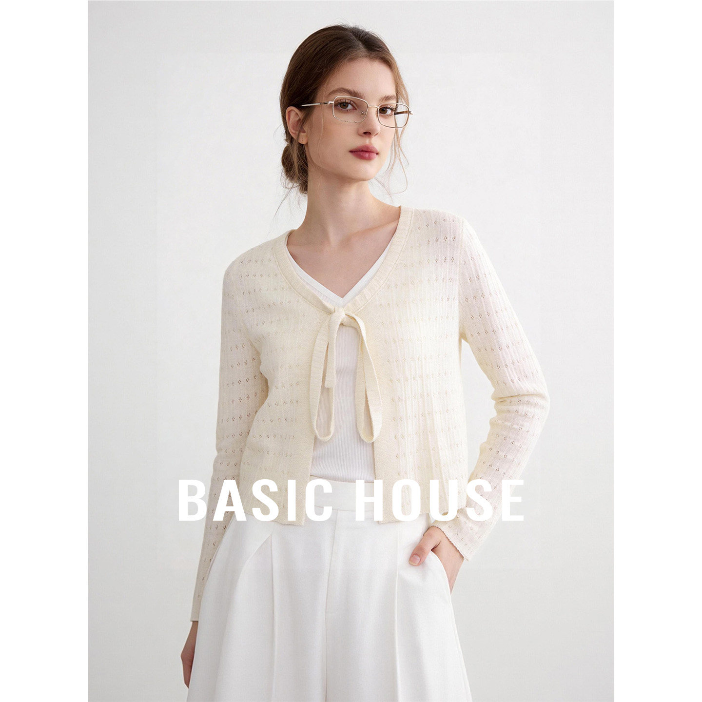 Basic House/百家好V领系带短款针织开衫夏季慵懒风透气长袖上衣