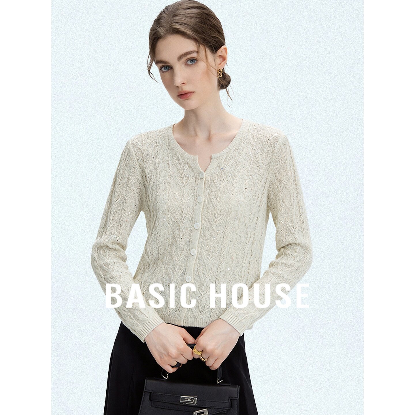 Basic House/百家好白色亮片麻花针织开衫女长袖气质通勤百搭上衣